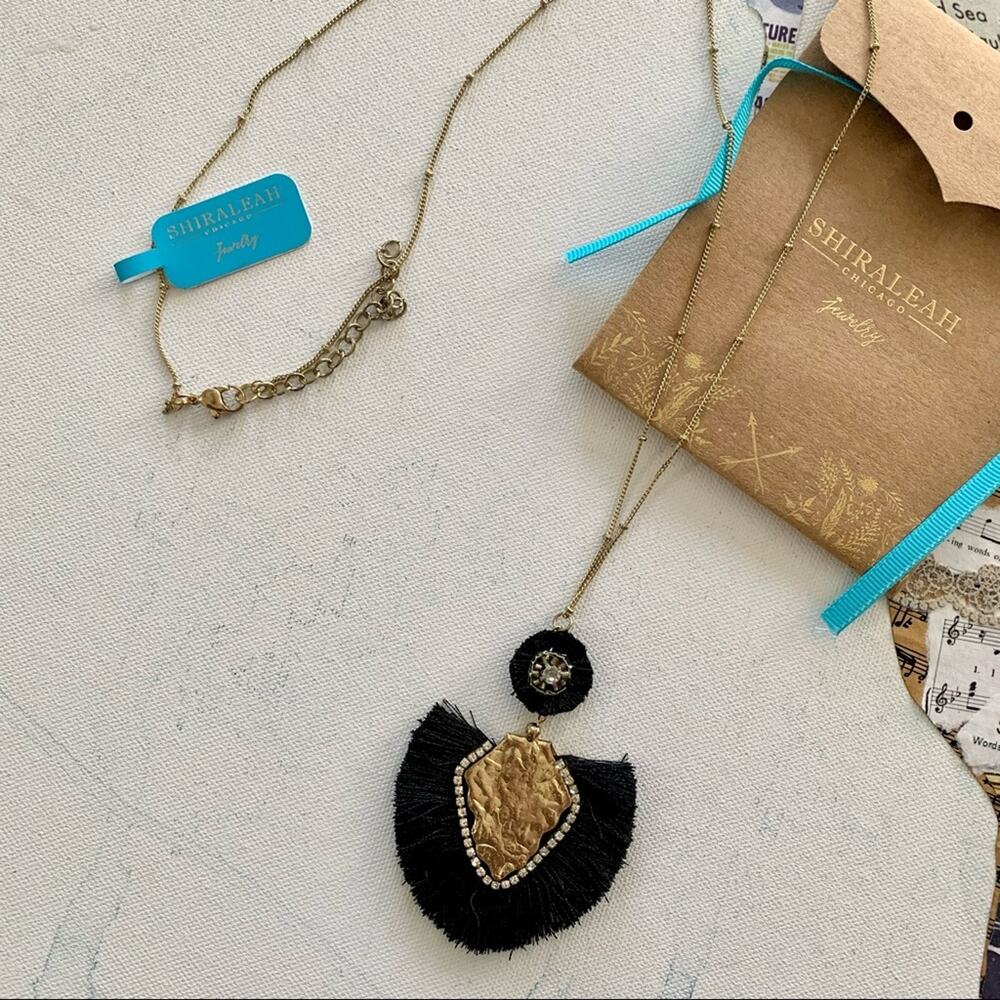 Shiraleah Anthropologie Caroline Black Fringe and Brass Boho Statement Necklace